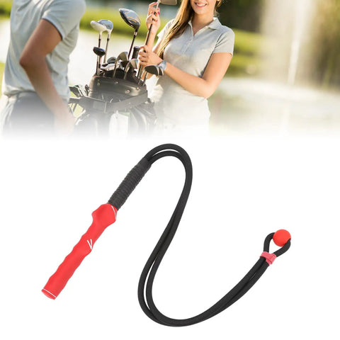 Golf Swing Training Rope With Ergonomic Grip For Beginners shown with golf clubs background