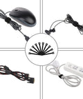 Cable Management Box With Ten Cable Ties For Organizing Power Strips And Surges Hiding TV And Computer Wires No More Wire Mess Keeps Cords Tidy And Heat Safe Perfect For Home Or Office Small White Cord Organizer with black ties holding mouse, headphones, VGA cable, and power strip