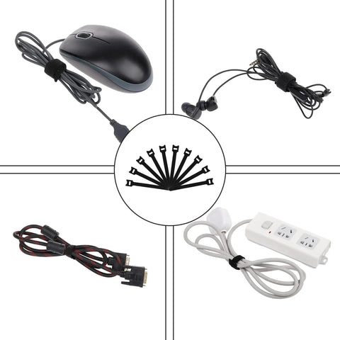 Cable Management Box With Ten Cable Ties For Organizing Power Strips And Surges Hiding TV And Computer Wires No More Wire Mess Keeps Cords Tidy And Heat Safe Perfect For Home Or Office Small White Cord Organizer with black ties holding mouse, headphones, VGA cable, and power strip
