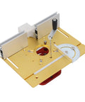 Rock Solid Aluminum Router Lift With Smooth Manual Height Adjustment Precision Workhorse For Woodworking and 64 To 66 Millimeter Router Motors close-up view with height adjustment crank and dial.