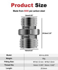 Two Pack M14 To M16 Carbon Steel Hydraulic Hose Fittings Adapters For Mini Excavator Beefy Heavy Duty Straight Thread Connector BSP Male Compatible With AGT FF Industries VICSEC Miva Machpro TPM, side view with dimensions and specifications.
