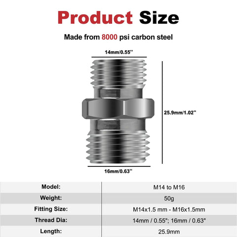 Two Pack M14 To M16 Carbon Steel Hydraulic Hose Fittings Adapters For Mini Excavator Beefy Heavy Duty Straight Thread Connector BSP Male Compatible With AGT FF Industries VICSEC Miva Machpro TPM, side view with dimensions and specifications.