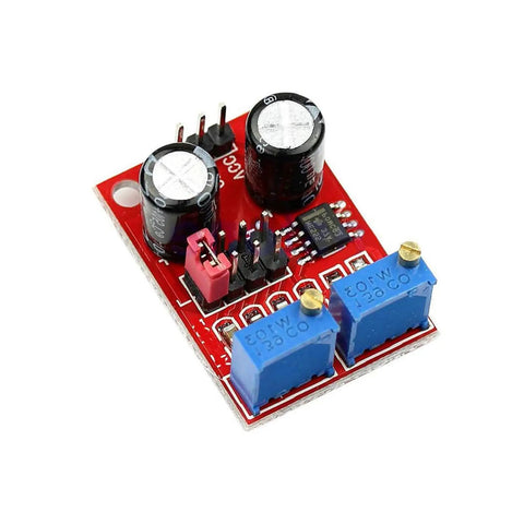 Top Shelf NE555 Pulse Waveform Generator Module With Slick Frequency And Dead On Duty Cycle Knobs, compact red PCB design.