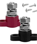Two Pack 3/8 Inch 12V Car Battery Junction Post Block Heavy Duty Insulated Power Ground Distribution Terminal in red and black.