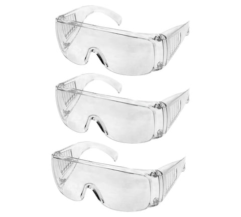 Stacked view of three clear safety glasses from the 12 Pack Safety Glasses Over Eyeglasses With Anti Fog And Scratch Resistant ANSI Z87