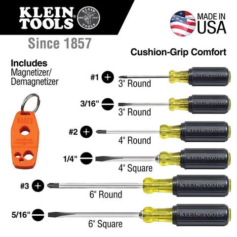 Magnetizer Demagnetizer Screwdriver Set, 7 Piece Kit With Magnetic Tips shown with 3 slotted and 3 Phillips heads, USA made.