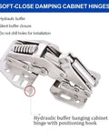 Side view of RV cabinet hinge with soft-close dampening for overhead cabinets; silver metal