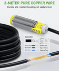 Photoelectric Proximity Sensor With Laser Detection, IP65 Waterproof, 2-meter copper wire detail and connection diagram.
