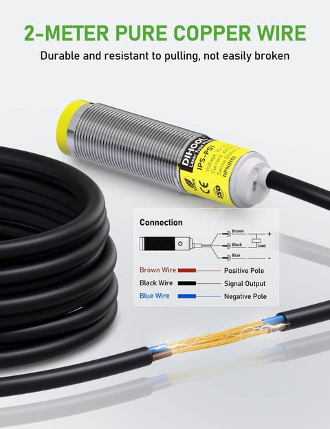 Photoelectric Proximity Sensor With Laser Detection, IP65 Waterproof, 2-meter copper wire detail and connection diagram.