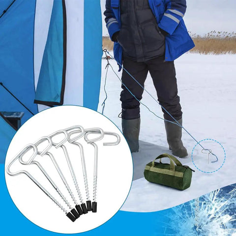 All In One Ice Anchor Tool Kit With Drill Adapter For Ice Fishing Stakes And Nails displayed with tent and protective bag