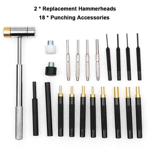 21 Piece Heavy Duty Punch Tool Set With Double Sided Copper Hammer, Four Interchangeable Heads For Auto And Mechanical Work, Protected Steel Chisel Pin Kit To Fix Tough Jobs Like A Pro, 21-piece set