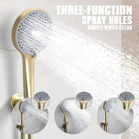 Brushed Gold Shower System With 12 Inch High Pressure Shower Head And 3 Setting Handheld Combo, Hidden Install, 59 Inch Hose