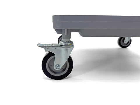 Close-up of 4-inch wheel and locking caster of Glass Rack Dolly For Dish And Glass Racks, Heavy Duty Mobile Transport Cart