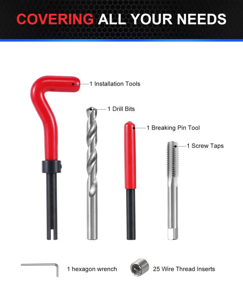 Amazon Kolvoii M10x1.0 helicoil thread repair kit with 25 wire thread inserts, drill bit, taps and hex wrench