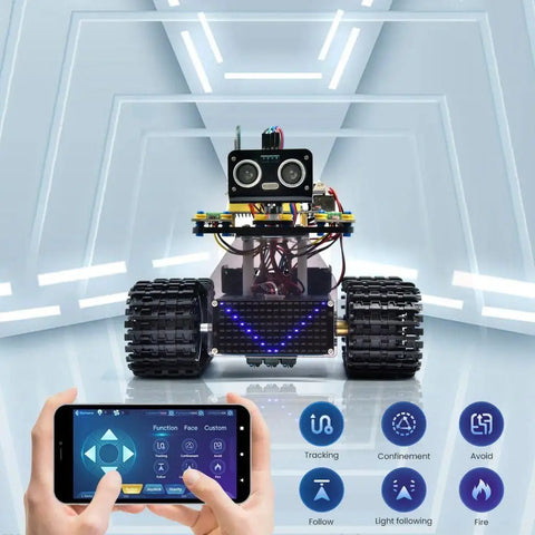 Programmable Mini Tank Robot Kit for STEM Enthusiasts With Arduino And Mixly Compatibility, Easy Build Starter Kit For Kids And Adults, Line Tracking, Light Following, And Fire Suppression Features That Spark Totally Real World Learning. black tank robot with tracked wheels and phone control