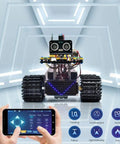 Hands On Mini Smart Tank Robot V3.0 Build Kit For STEM Fans, Programmable Tank Bot With Arduino And Mixly Compatibility, Easy Assembly, Line Tracking, Fire Extinguishing, Light Following, And Educational Fun For Makers, black tracked robot with phone control