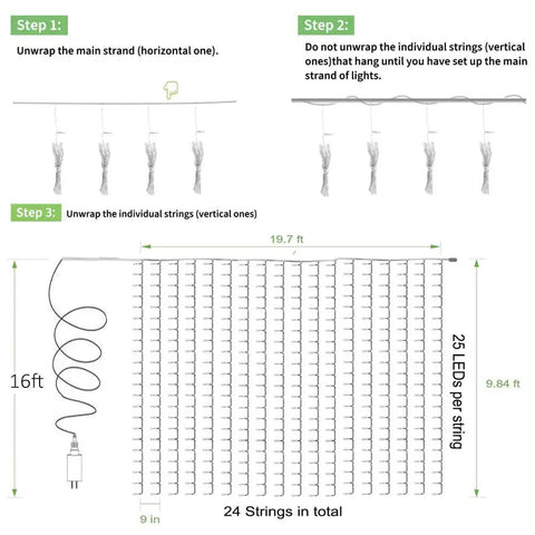 Installation diagram of Outdoor Curtain Lights 20ft x 10ft With 600 LEDs Plug In Hanging String Lights For Bedroom or Outdoor Wedding Backdrop Warm White Weatherproof IP44 Not Connectable Twinkle Lighting Mood.