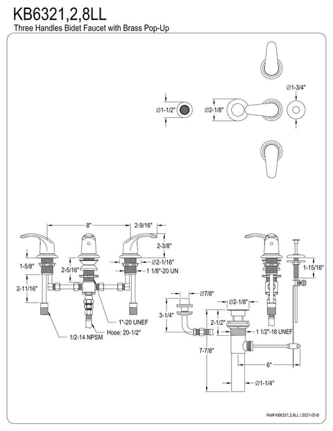 Technical drawing of Legacy Three Handle Bidet Faucet With Brass Pop Up In Polished Chrome All Brass Construction Deck Mount