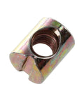 Close-up of a carbon steel slotted nut from the M6 Cross Dowel Barrel Nuts Set for Hidden Furniture Joints, 60 pcs. Zinc plated.
