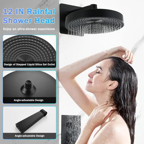12 IN Rainfall Shower Head, shower experience, black design, angle-adjustable feature, modern bathroom accessory.