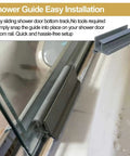 Gray sliding shower door bottom guide with slick roller track for standard glass doors up to five sixteenth inch thickness.