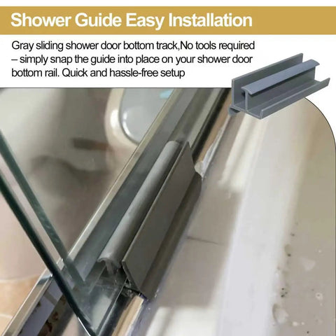 Gray sliding shower door bottom guide with slick roller track for standard glass doors up to five sixteenth inch thickness.