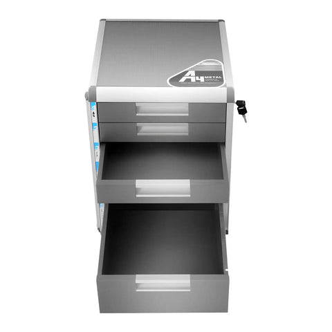 Absolute Game Changer 5 Drawer Metal Desk Organizer With Locks, Slim Desktop File Cabinet For Cable Sorting, silver grey drawers open.