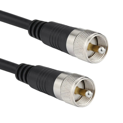 Close-up of connectors on 18 Foot RG8X Coax Cable For CB Ham Radio Setup, Waterproof Low Loss UHF PL259 Male To Male Connector