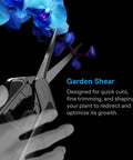 6.6 Inch Stainless Steel Curved Pruning Shears with blue orchids, ergonomic grip, and nonstick Teflon coated blades.