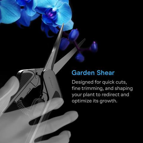 6.6 Inch Stainless Steel Curved Pruning Shears with blue orchids, ergonomic grip, and nonstick Teflon coated blades.