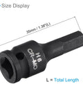 Impact Hex Bit Socket 6mm Metric 35mm Long Chrome Molybdenum Steel One Piece Construction One Quarter Inch Drive Impact Socket For Installation And Removal Of Fasteners In Auto Industrial And Construction Projects, side view showing size display.