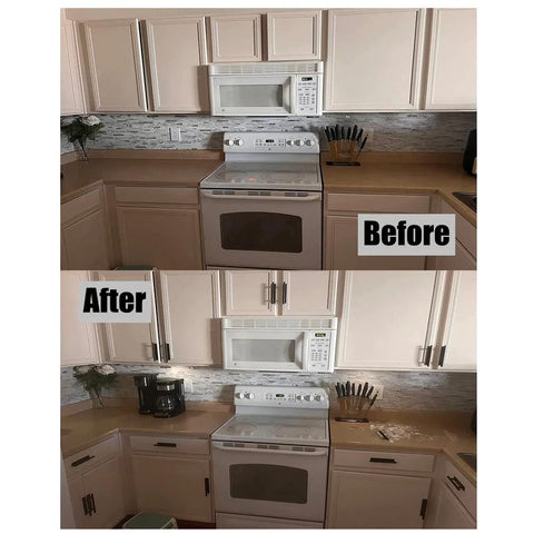 Before and after kitchen cabinet upgrade with 16 Pack Self Stick Push Pull Helper ABS Plastic Wardrobe Handle for cabinets.