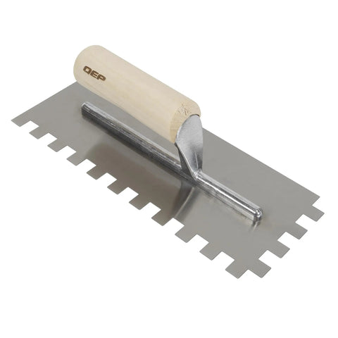 Half Inch Square Notch Carbon Steel Trowel With Wooden Handle For Thinset And Mortar Eleven Inch By Four And A Half Inch Blade
