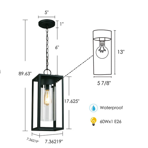 Water Hill 1 Light Outdoor Wall Sconce, Modern Dimmable LED Waterproof Lantern With Clear Glass, Black Finish, diagram view with dimensions