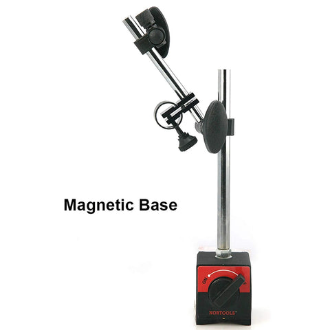 NORTOOLS dial indicator with magnetic base stand; black body, silver rod, 0-1 in range