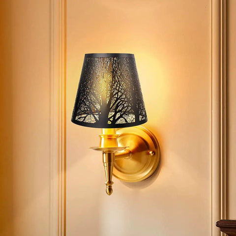 Double Pack Clip On Lampshades For Candelabra Bulbs, Barrel Metal Lampshade With Tree Pattern In Black And Gold on wall lamp