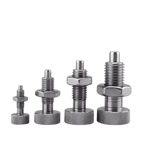 Top Shelf Stainless Steel Spring Plunger Featuring A Knurled Grip Knob And Self Locking Design For Effortless Retraction Includes An M16 Mounting Screw And Nut For Heavy Duty Applications That Will Stand The Test Of Time, showcasing four sizes.