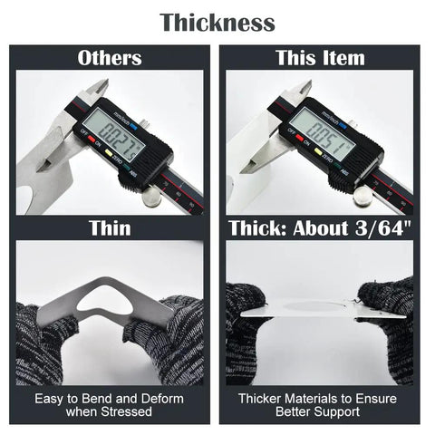 Comparison of thin and thick door reinforcement plates with calipers showing 3/64 inch thickness, emphasizing strength and support.