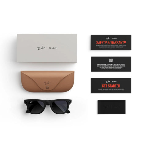Dope Wayfarer Style Smart AI Glasses With 12 MP Camera Video Recording And Open Ear Audio Bluetooth Polarized Lenses, case, and warranty cards