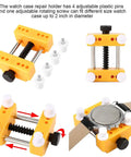 9 Piece Watch Battery Replacement Tool Kit With Back Case Opener showing adjustable watch case holder and pins.