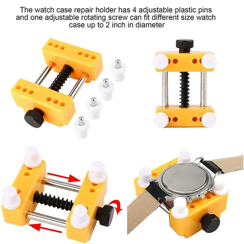 9 Piece Watch Battery Replacement Tool Kit With Back Case Opener showing adjustable watch case holder and pins.