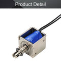 12V DC Push Pull Open Frame Solenoid Electromagnet, 20N Force, 10mm Stroke, 2A Current, Compact 22x25x26mm, Spring Return Linear Actuator For DIY Projects And Small Automation, shown with wires
