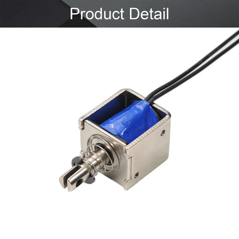 12V DC Push Pull Open Frame Solenoid Electromagnet, 20N Force, 10mm Stroke, 2A Current, Compact 22x25x26mm, Spring Return Linear Actuator For DIY Projects And Small Automation, shown with wires