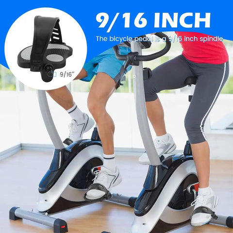 Pair Of Exercise Bike Pedals With Straps For Indoor Cycling 9 16 Inch Spindle Replacement Pedals Set Black with people cycling