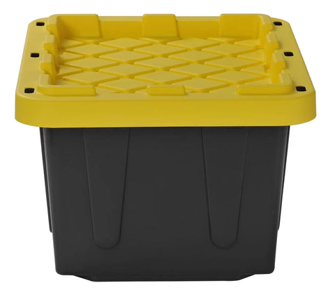 Tough As Nails 5 Gallon Plastic Storage Tote In Black And Yellow with reinforced lid, side view for garage organization.