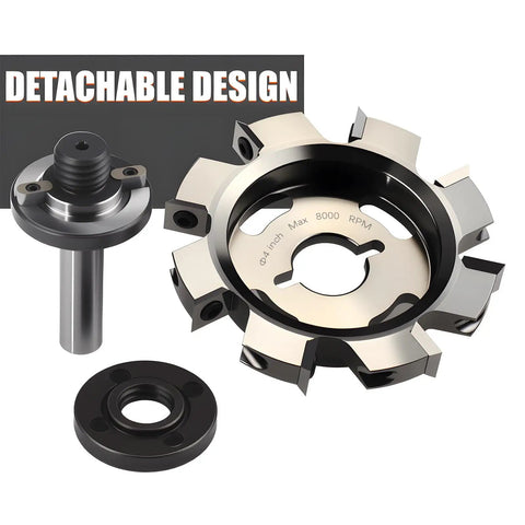 Spoilboard Surfacing Router Bit With One Half Inch Shank And Four Inch Cutting Diameter For CNC Engraving And Planing shown disassembled