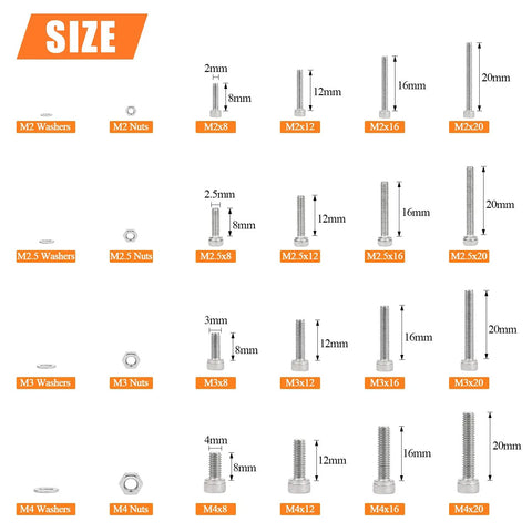 Image of All In One 1280 Piece Stainless Steel Hex Socket Cap Screw Kit M2 M2.5 M3 M4 With Nuts Washers And Hex Wrenches 304 Grade Hardware Set