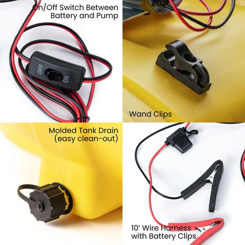 Close-up details of Bronze 15 Gallon Spot Sprayer For ATVs And UTVs with on/off switch, wand clips, molded tank drain, and wire harness.