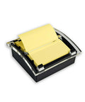 Pop-up sticky note dispenser with one 50-sheet canary yellow 3 in x 3 in pad, black base and clear lid desktop holder.