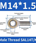 2PC Rugged Male Thread Rod End Bearings SAL14T/K M14x1.5 showing dimensions and threading for precision steering and suspension use.